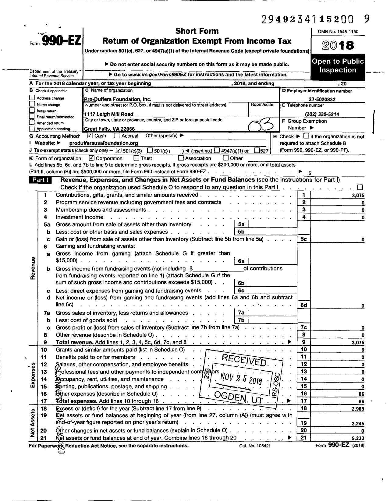 Image of first page of 2018 Form 990EZ for Pro-Duffers Foundation