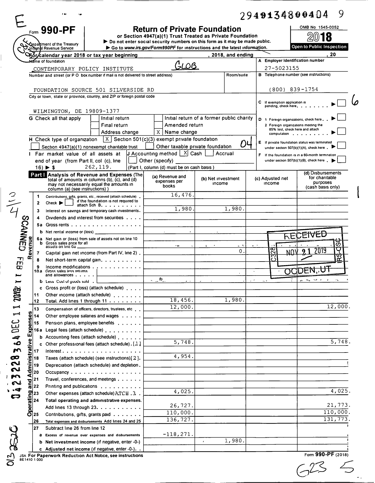 Image of first page of 2018 Form 990PF for Contemporary Policy Institute