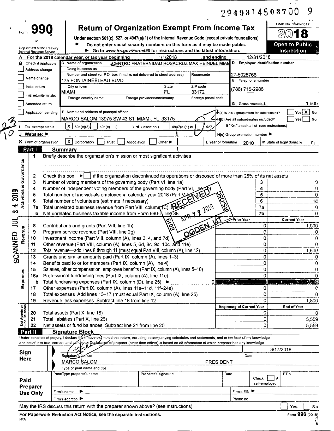 Image of first page of 2018 Form 990 for Centro Fraternidad Rosacruz Max Heindel Miami