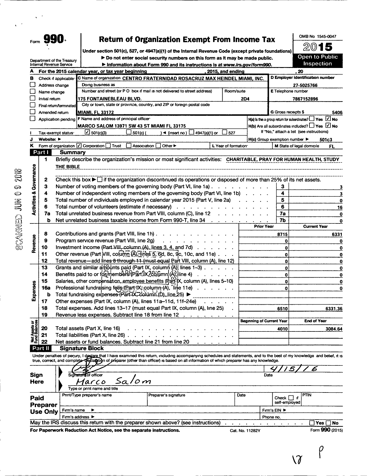 Image of first page of 2015 Form 990 for Centro Fraternidad Rosacruz Max Heindel Miami