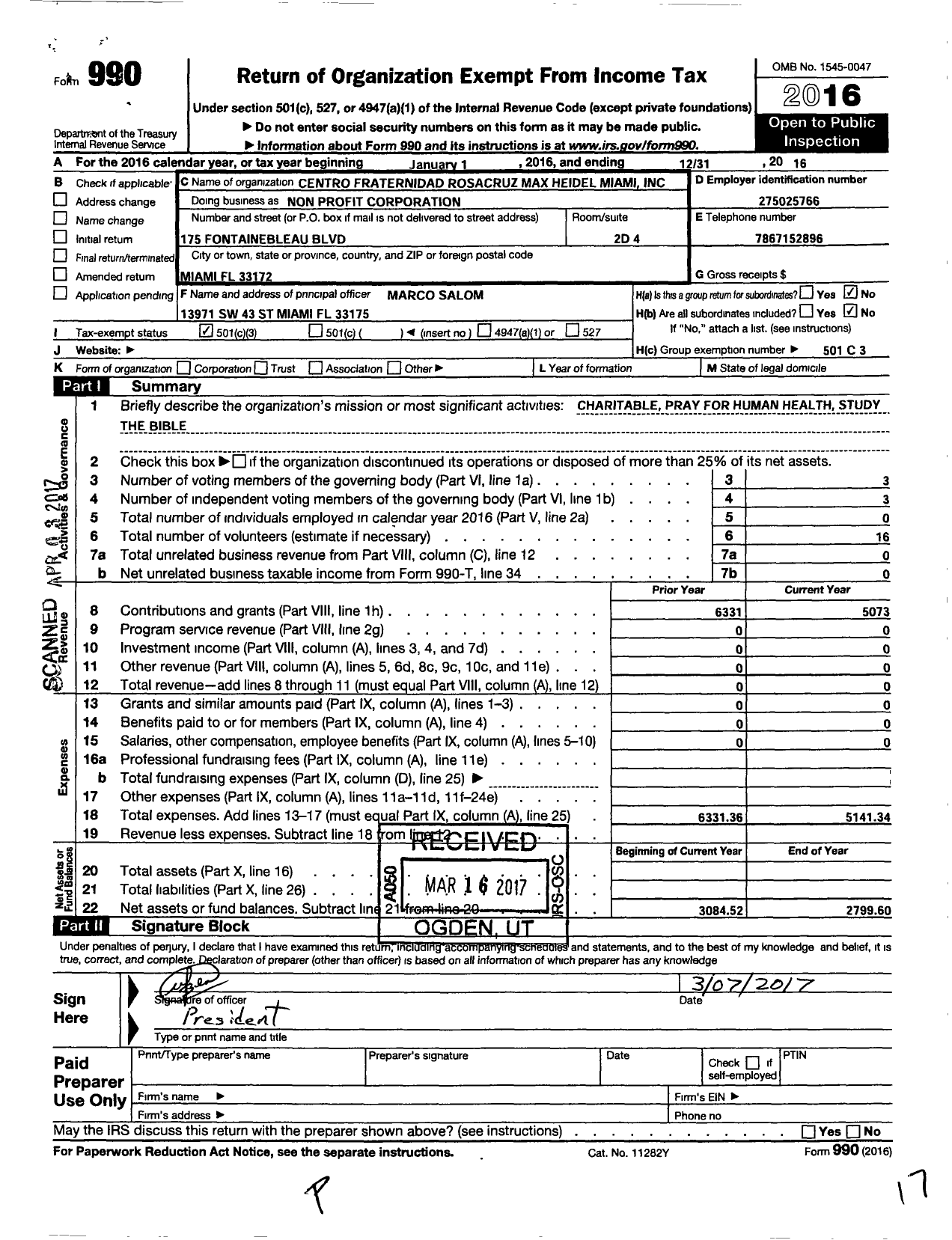 Image of first page of 2016 Form 990 for Centro Fraternidad Rosacruz Max Heindel Miami