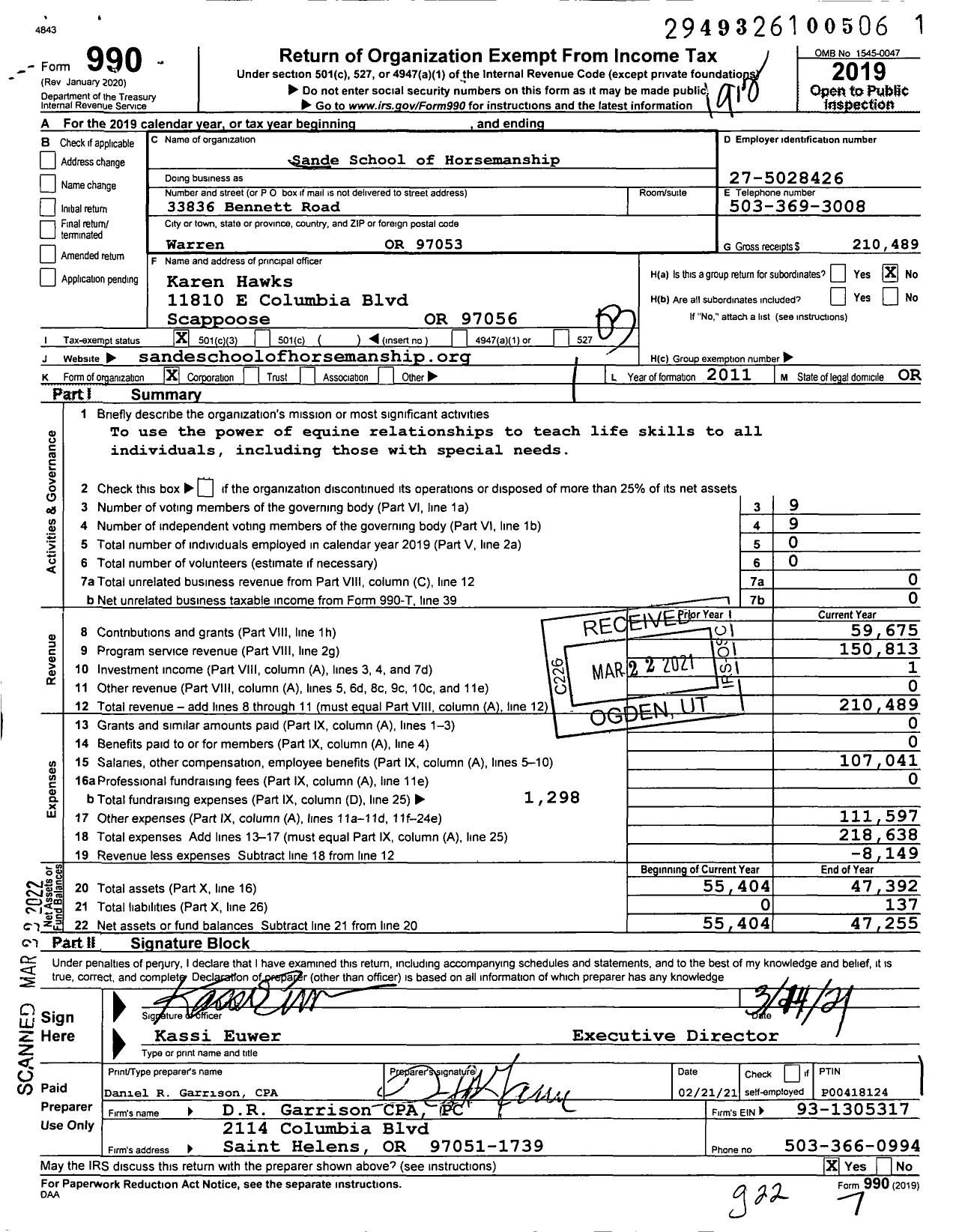 Image of first page of 2019 Form 990 for Sande School of Horsemanship