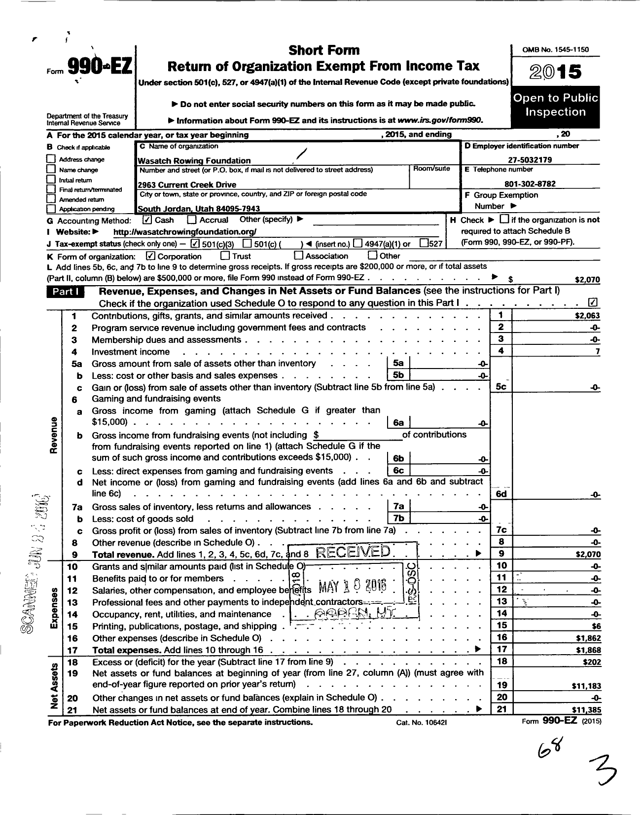 Image of first page of 2015 Form 990EZ for Wasatch Rowing Foundation