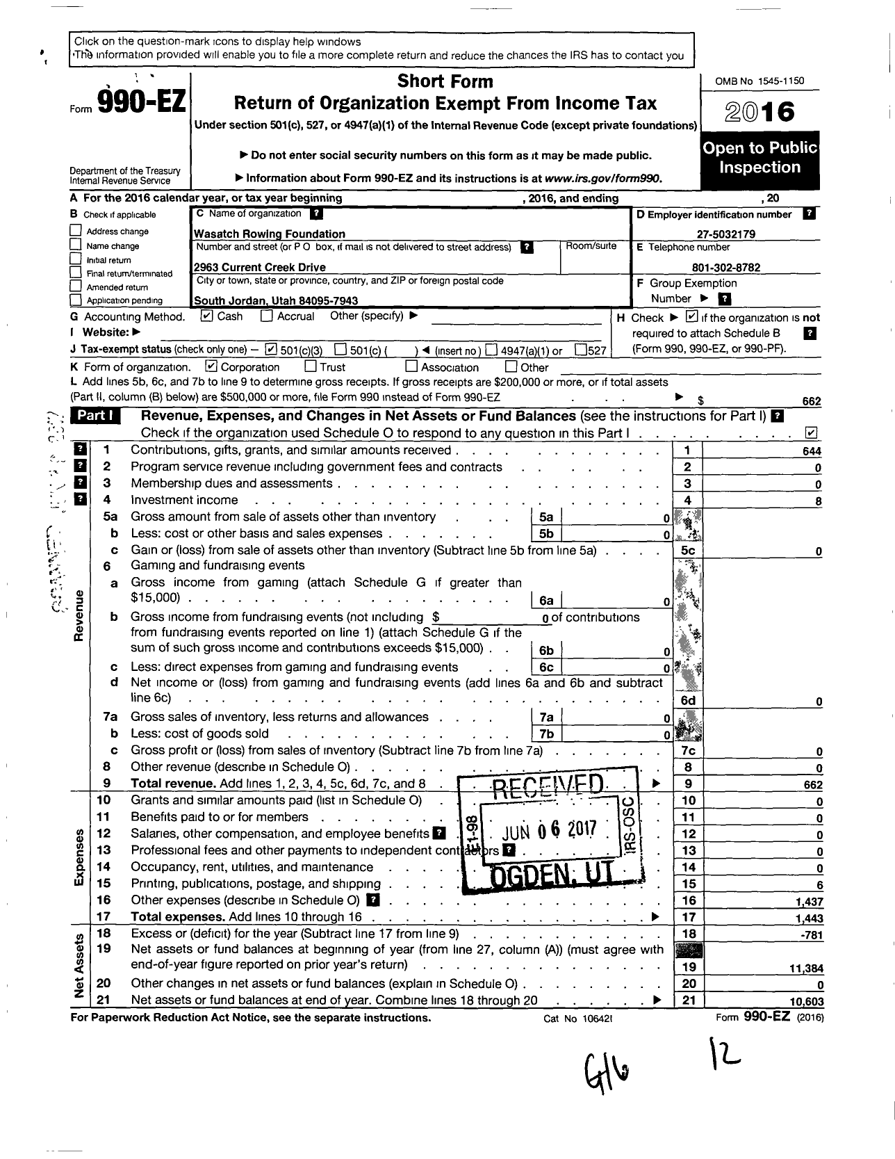 Image of first page of 2016 Form 990EZ for Wasatch Rowing Foundation
