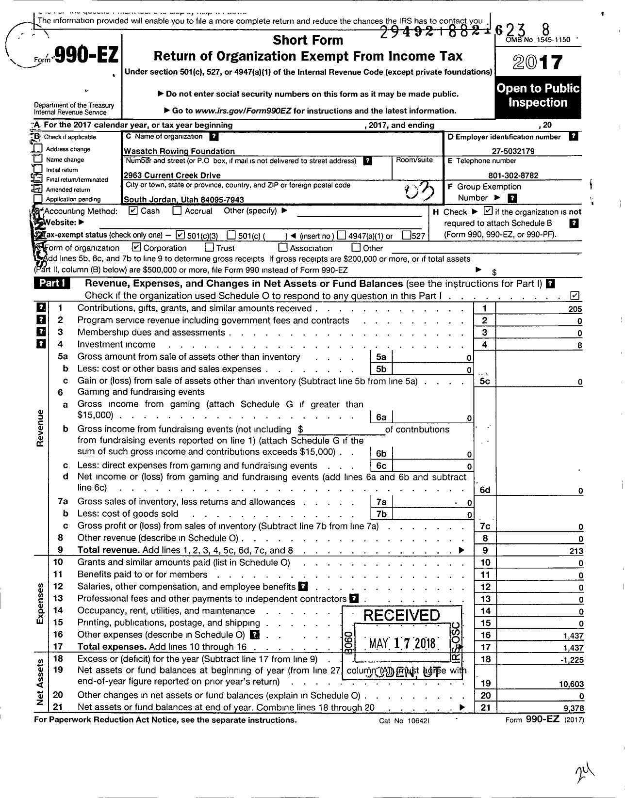 Image of first page of 2017 Form 990EZ for Wasatch Rowing Foundation