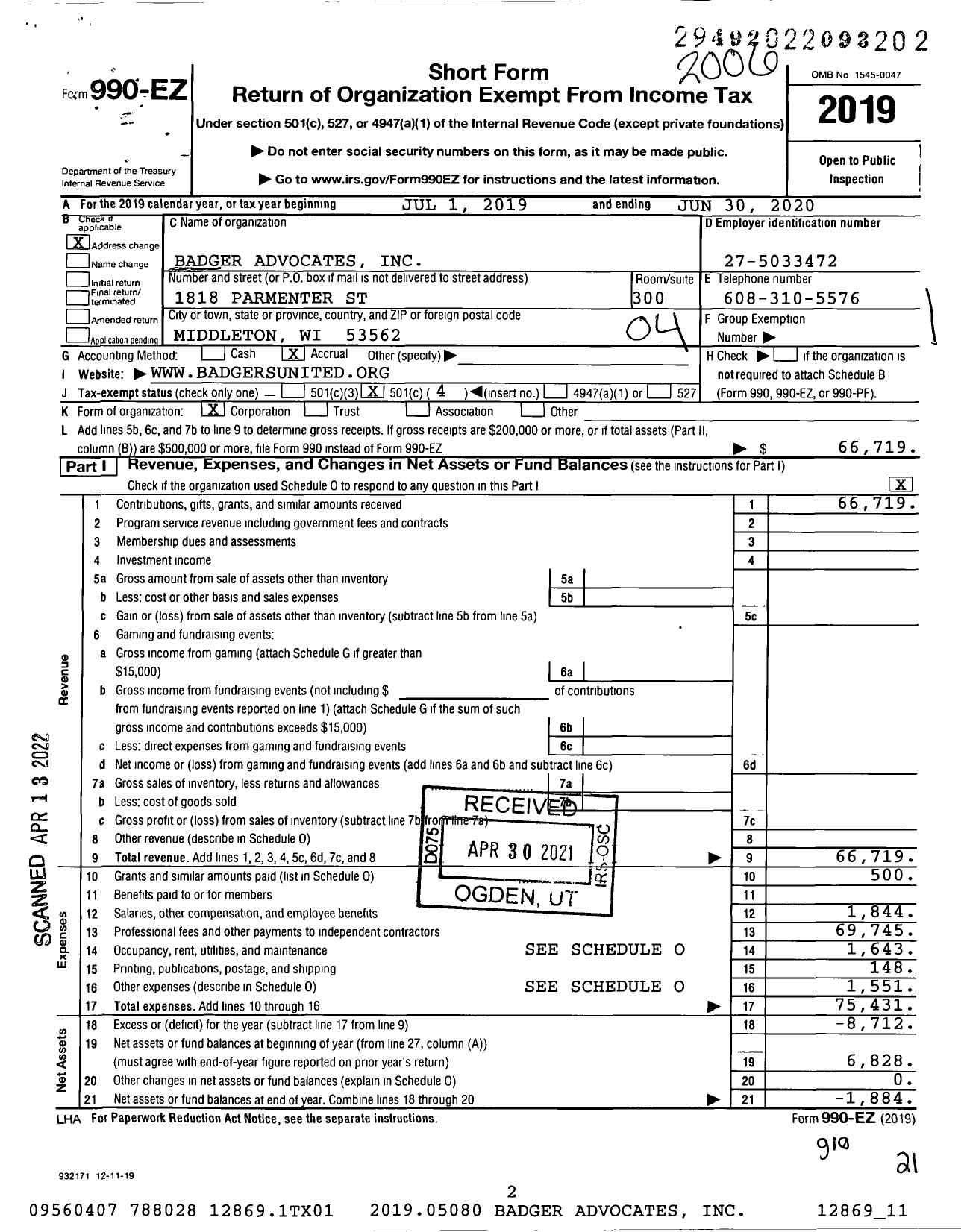 Image of first page of 2019 Form 990EO for Badger Advocates