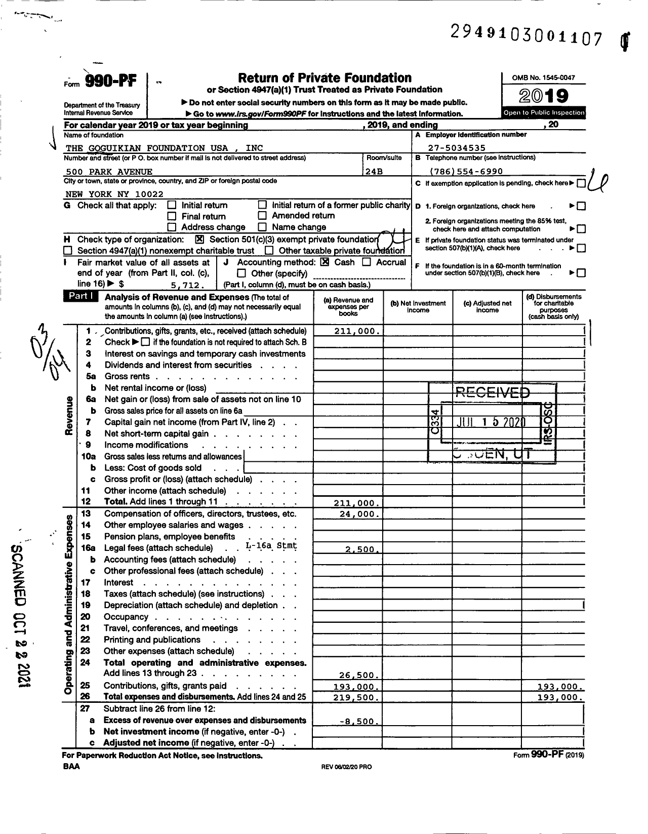 Image of first page of 2019 Form 990PF for The Goguikian Foundation USA
