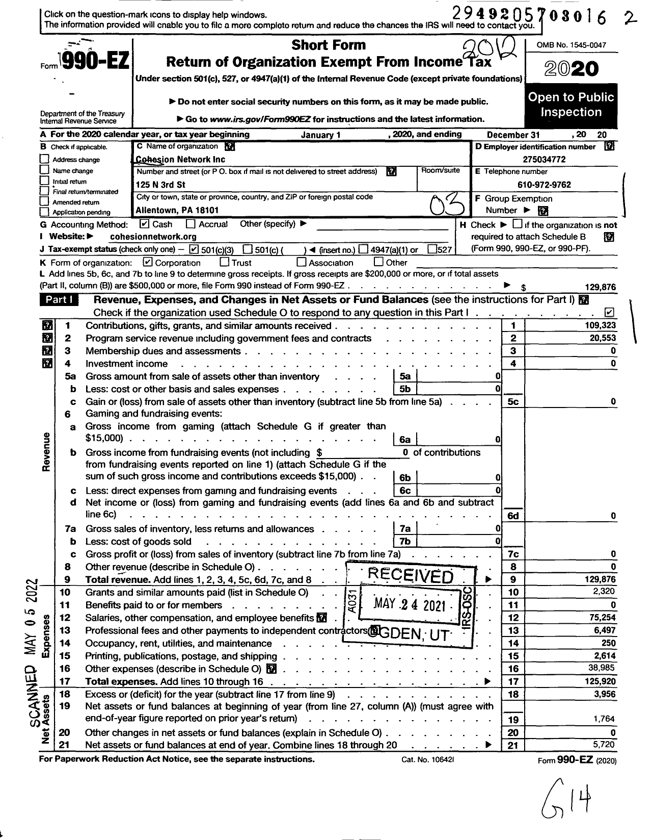 Image of first page of 2020 Form 990EZ for Cohesion Network