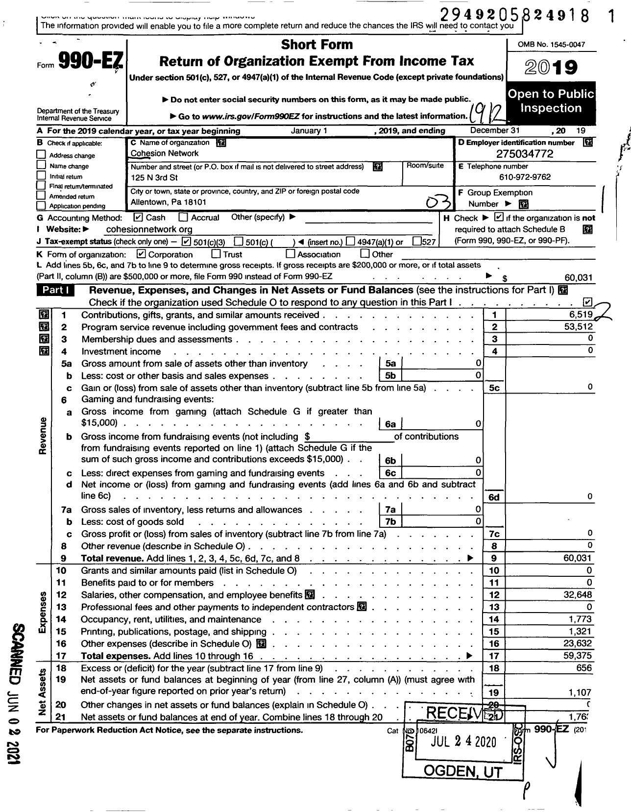 Image of first page of 2019 Form 990EZ for Cohesion Network