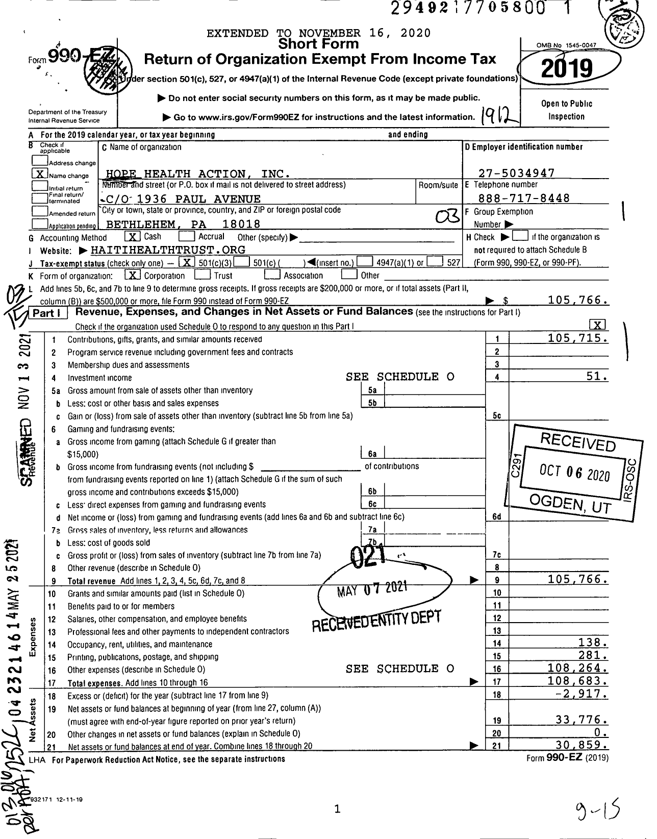 Image of first page of 2019 Form 990EZ for Hope Health Action