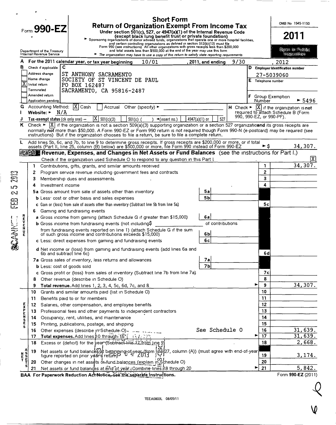 Image of first page of 2011 Form 990EZ for St Anthony Sacramento Society of St Vincent de Paul