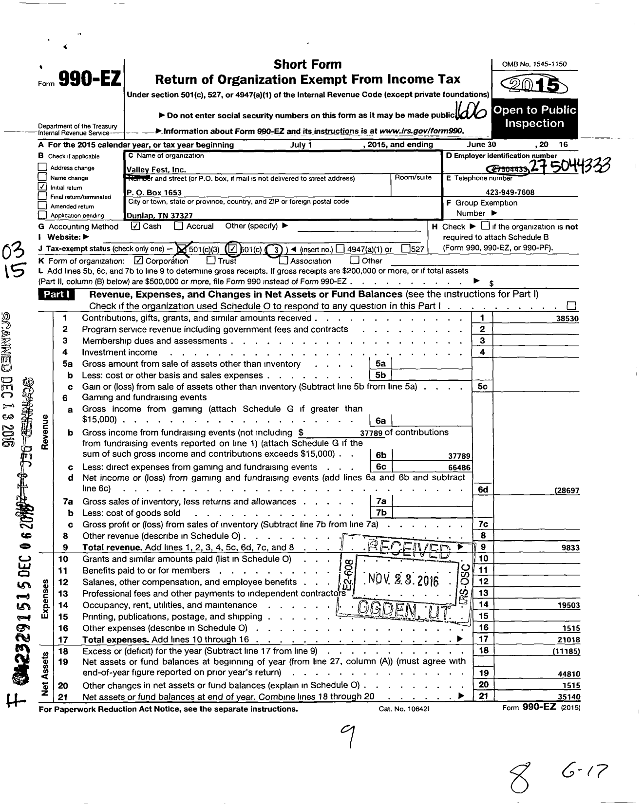 Image of first page of 2015 Form 990EZ for Valley Fest