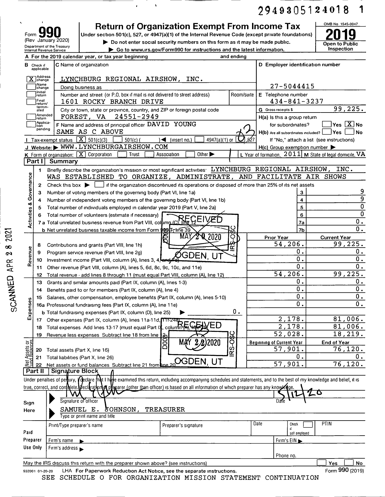 Image of first page of 2019 Form 990 for Lynchburg Regional Airshow