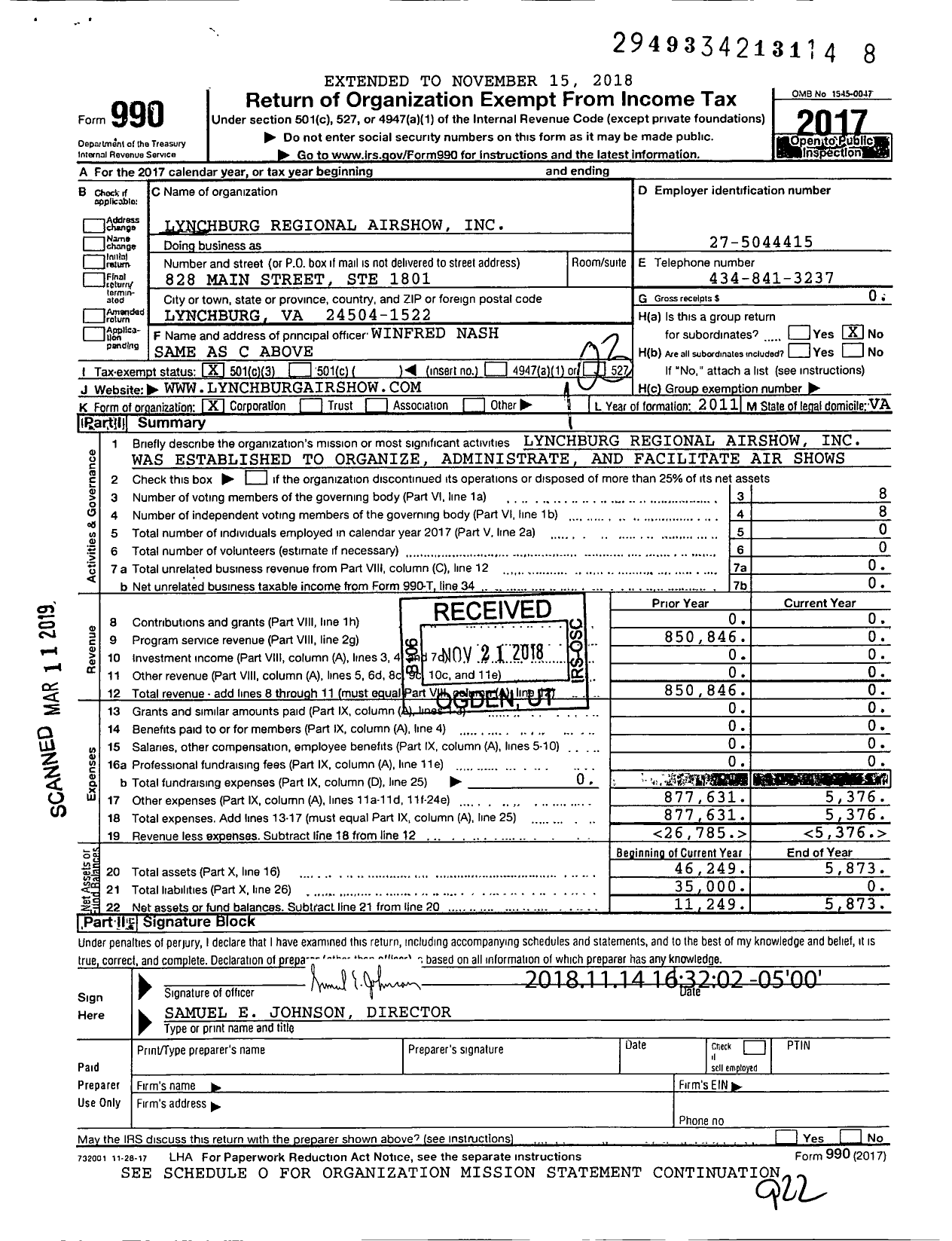 Image of first page of 2017 Form 990 for Lynchburg Regional Airshow