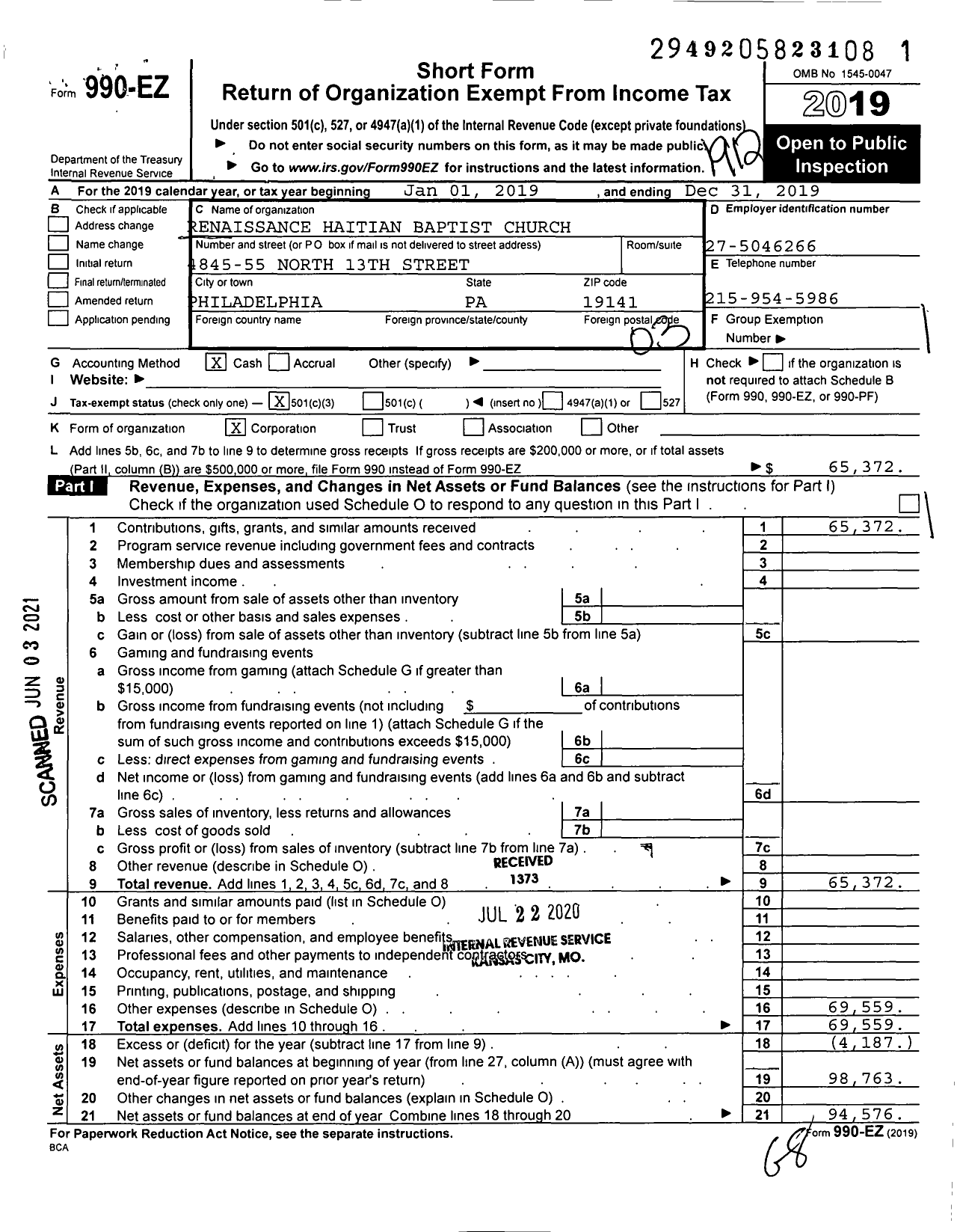 Image of first page of 2019 Form 990EZ for Renaissance Haitian Baptist Church