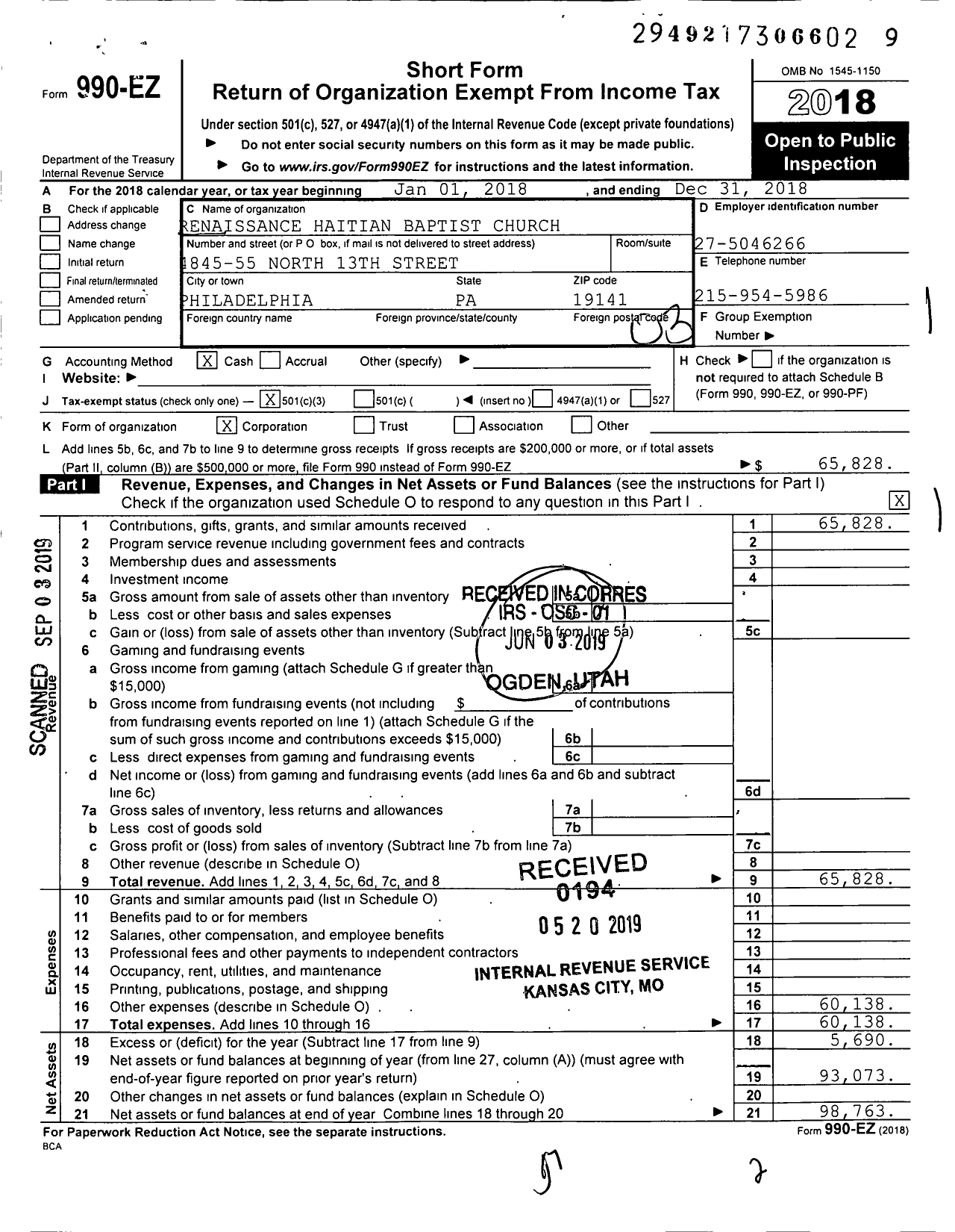 Image of first page of 2018 Form 990EZ for Renaissance Haitian Baptist Church