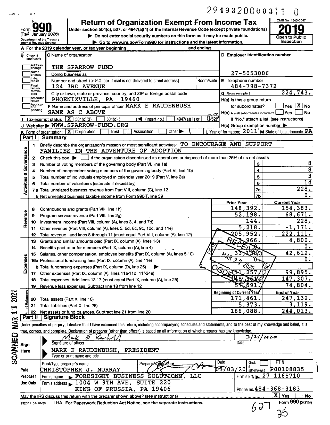 Image of first page of 2019 Form 990 for The Sparrow Fund