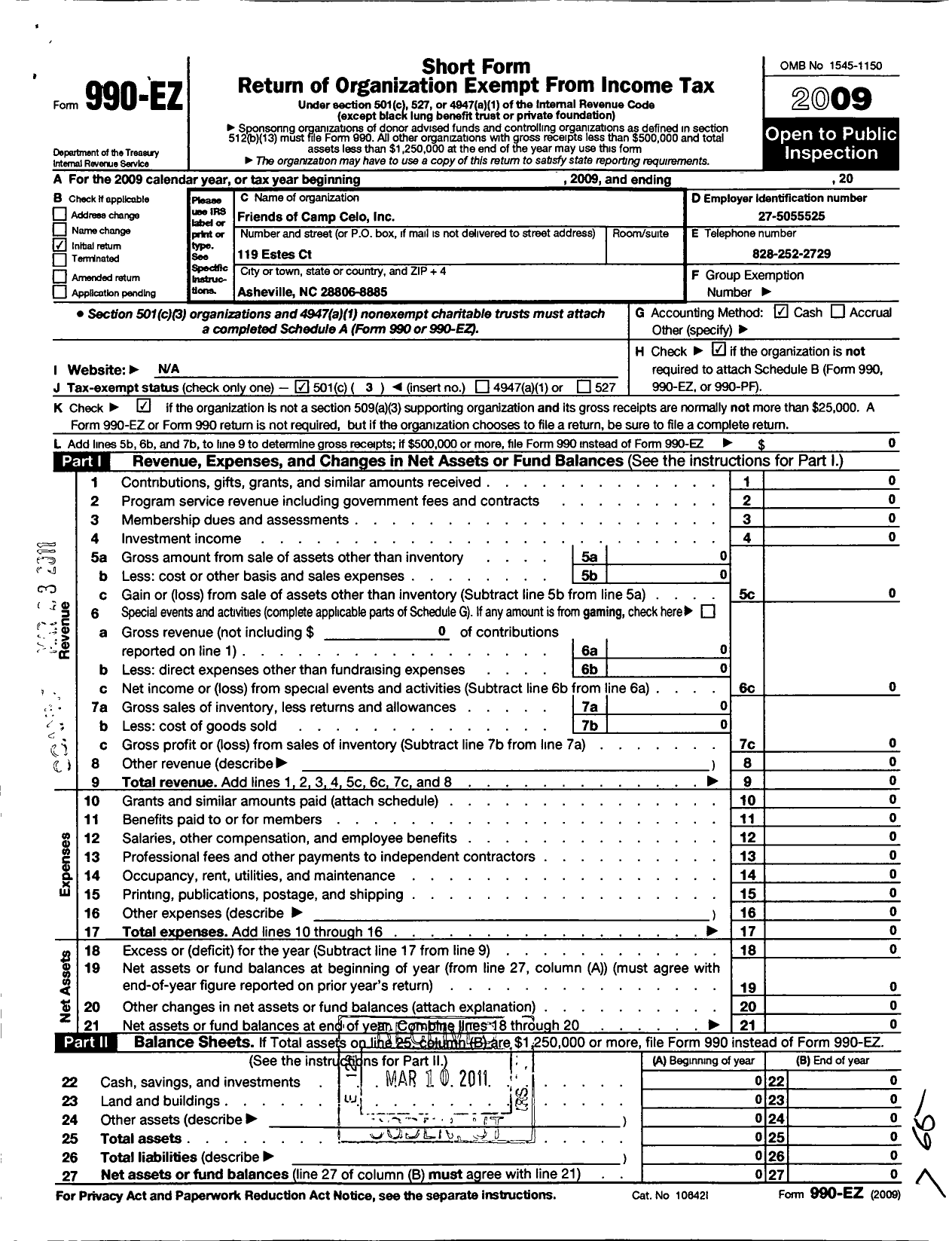 Image of first page of 2009 Form 990EZ for Friends of Camp Celo