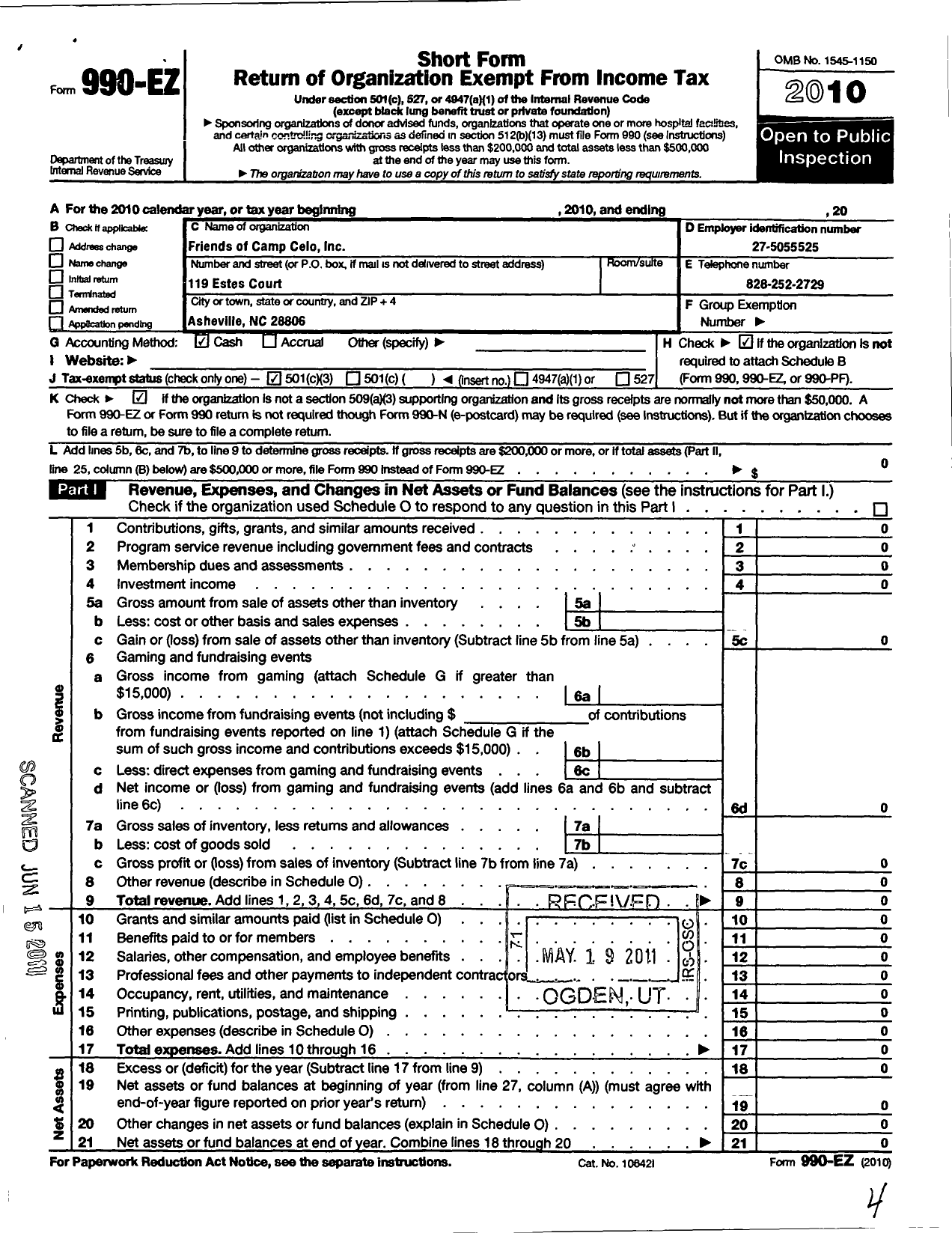 Image of first page of 2010 Form 990EZ for Friends of Camp Celo