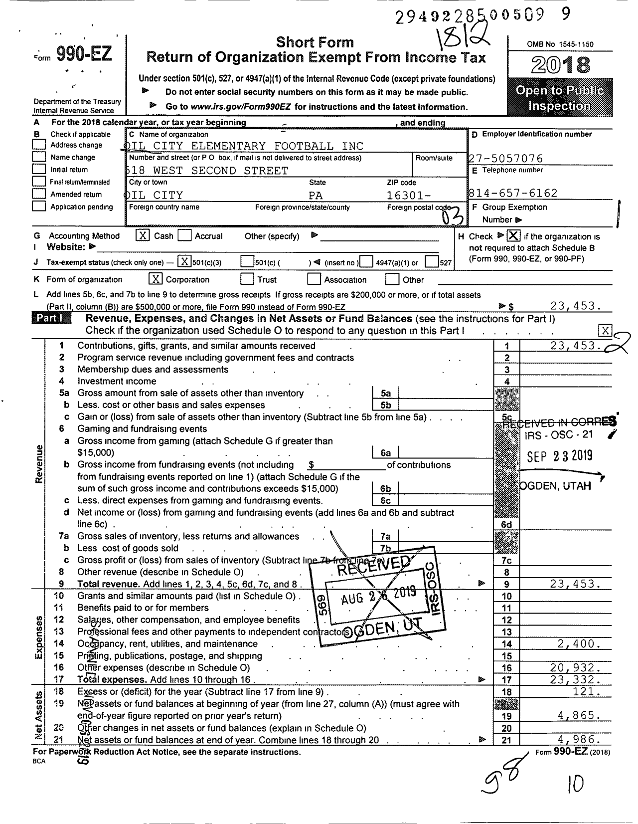 Image of first page of 2018 Form 990EZ for Oil City Elementary Football