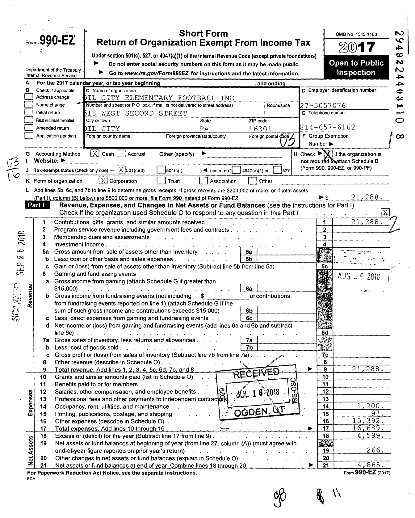 Image of first page of 2017 Form 990EZ for Oil City Elementary Football