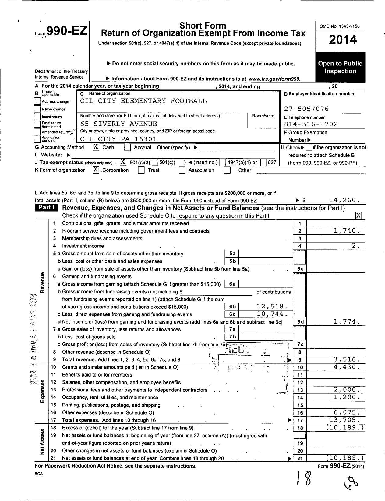 Image of first page of 2014 Form 990EZ for Oil City Elementary Football