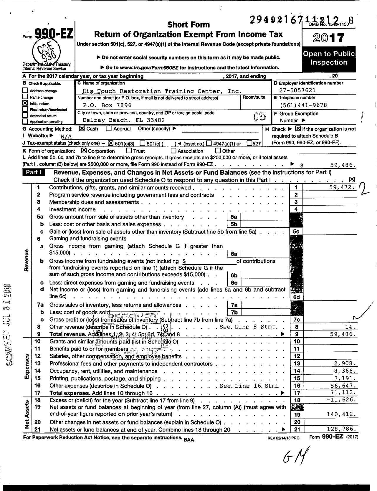 Image of first page of 2017 Form 990EZ for His Touch Restoration Training Center