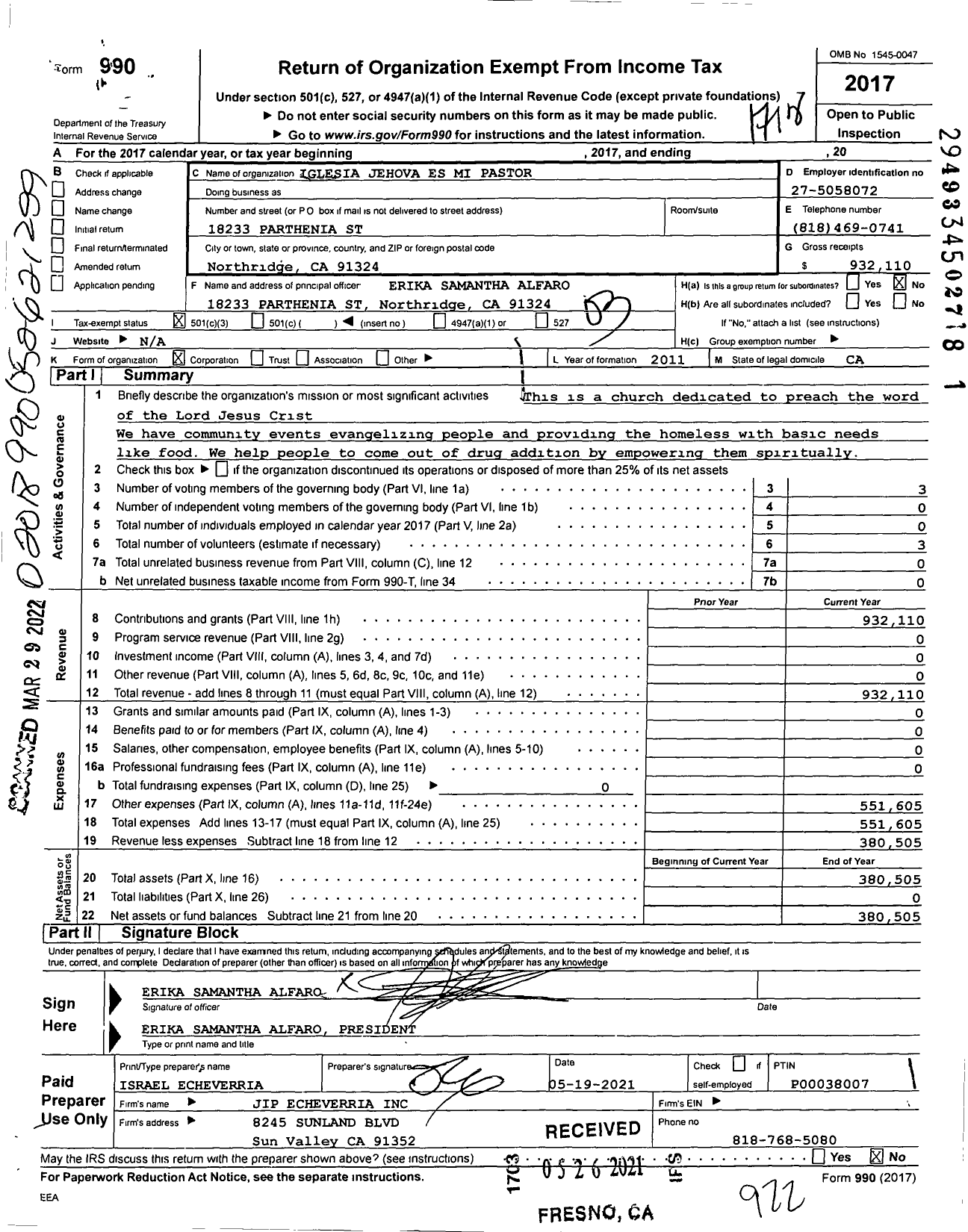 Image of first page of 2017 Form 990 for Iglesia Jehova Es Mi Pastor