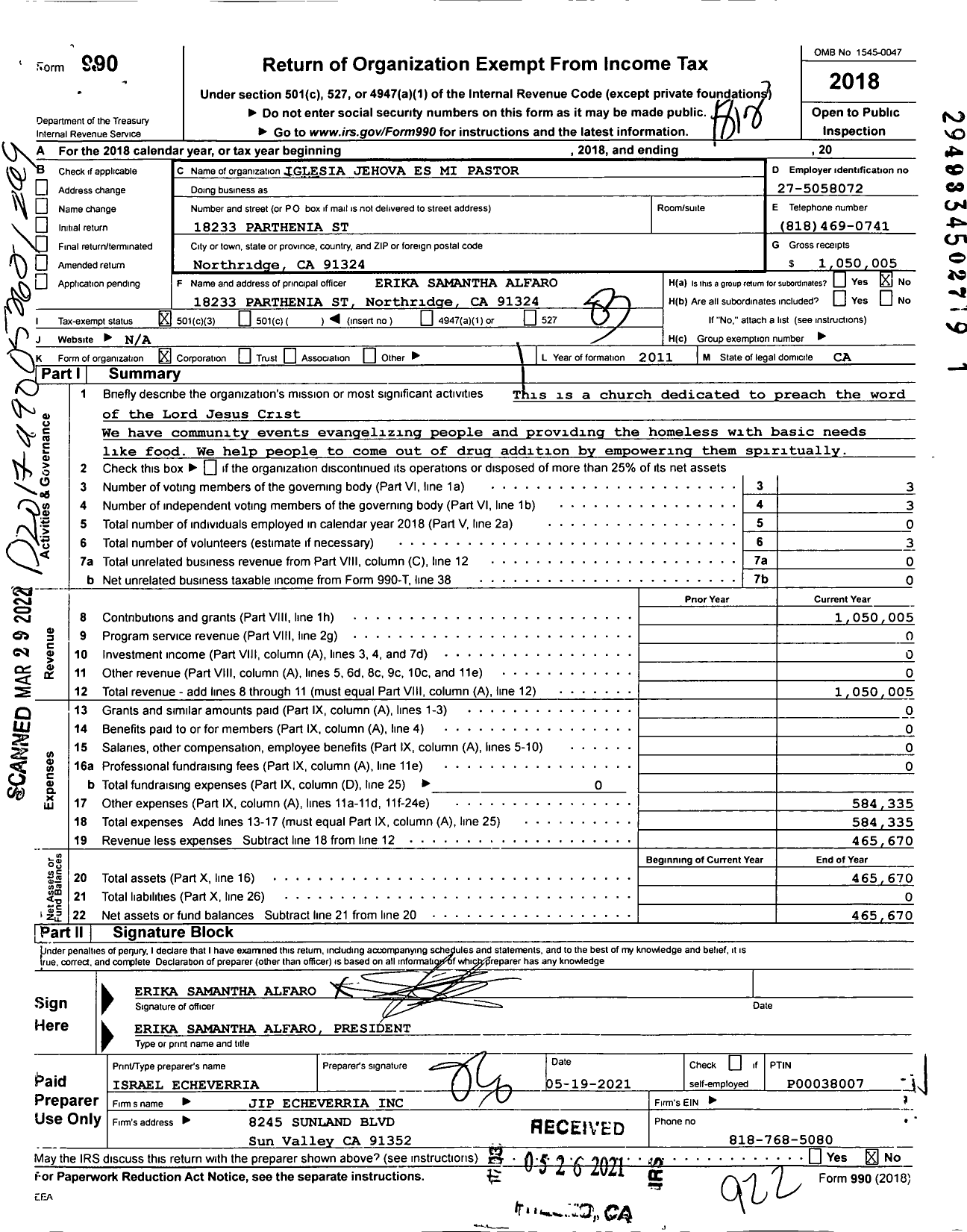 Image of first page of 2018 Form 990 for Iglesia Jehova Es Mi Pastor