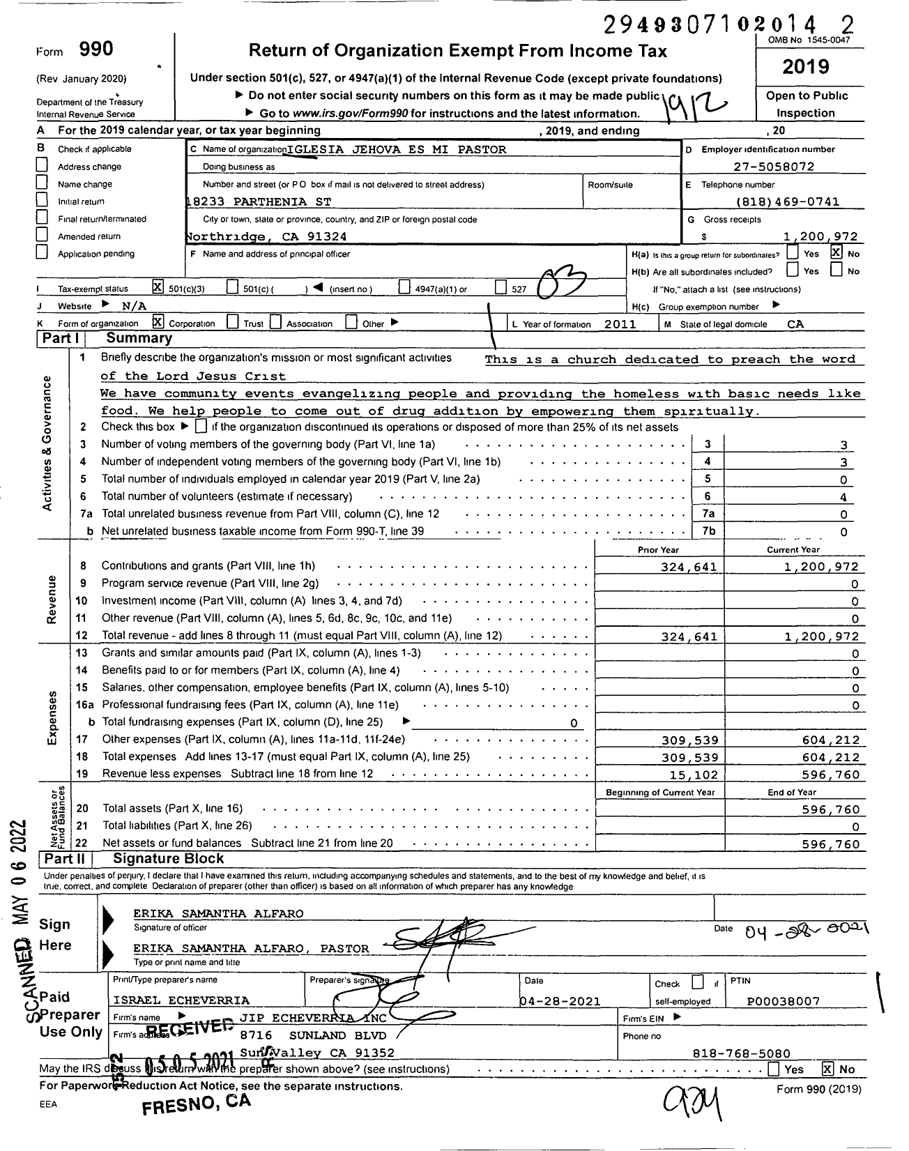 Image of first page of 2019 Form 990 for Iglesia Jehova Es Mi Pastor