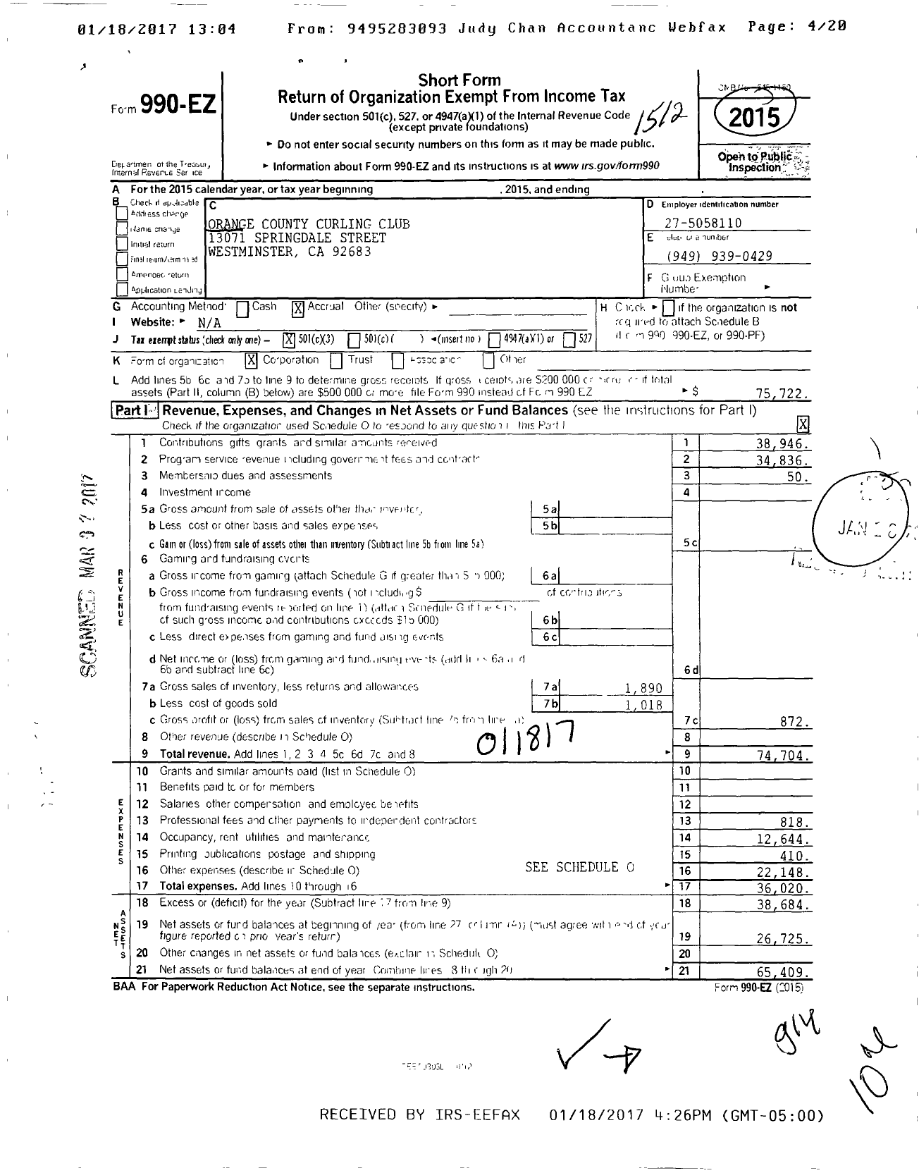 Image of first page of 2015 Form 990EZ for Orange County Curling Club