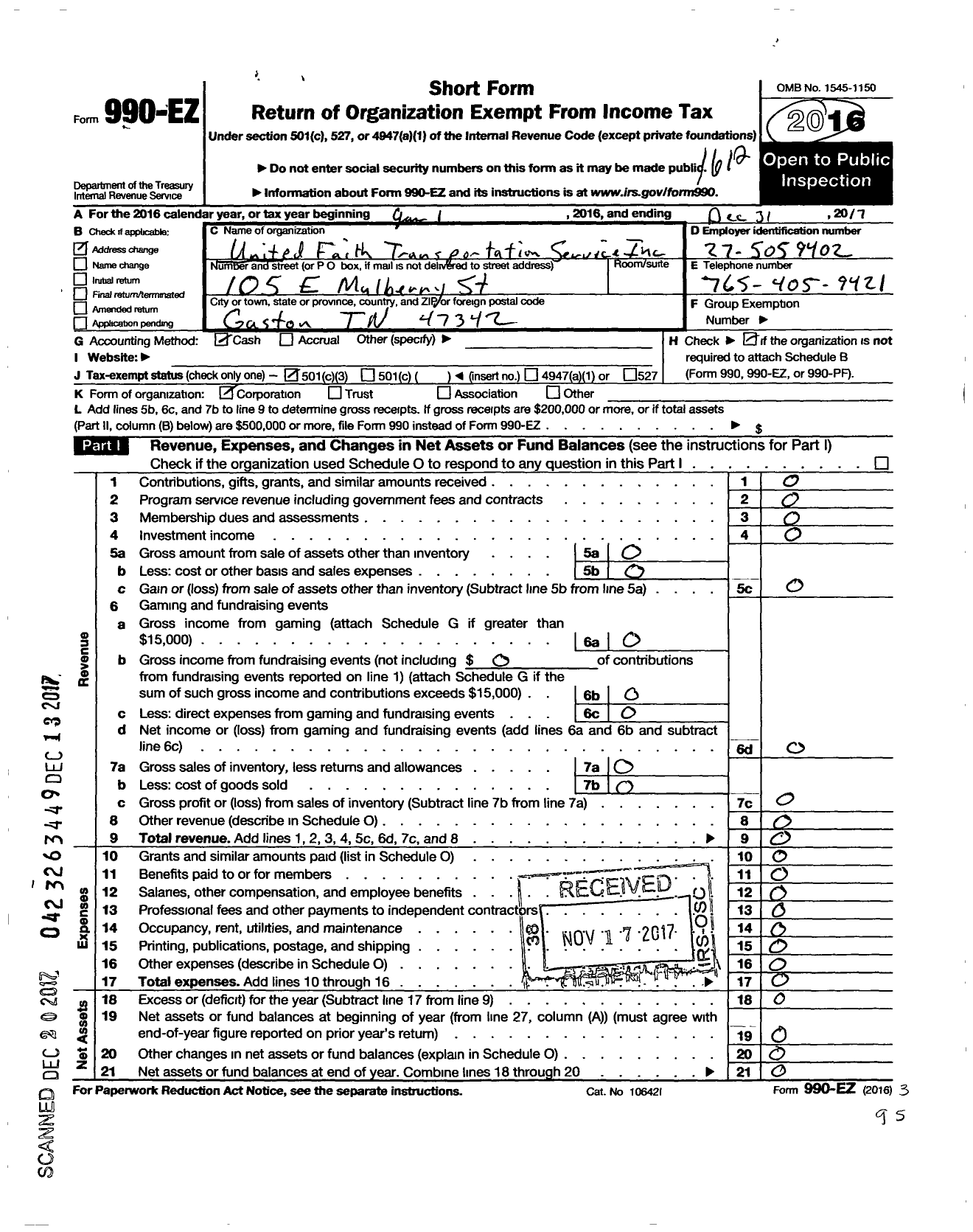 Image of first page of 2016 Form 990EZ for United Faith Transportation Services