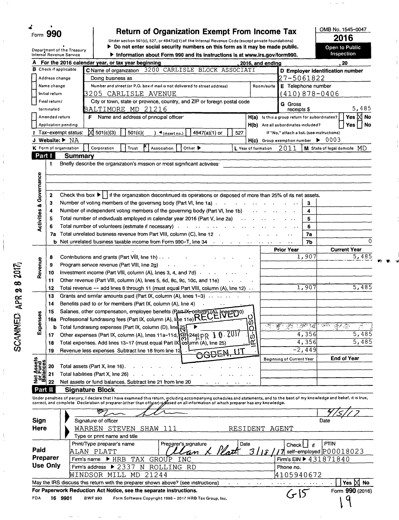 Image of first page of 2016 Form 990 for 3200 Carlisle Block Association