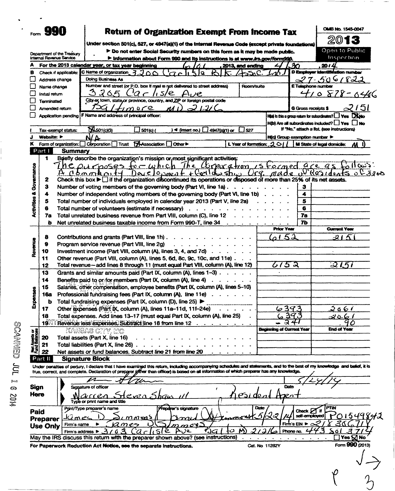 Image of first page of 2013 Form 990 for 3200 Carlisle Block Association
