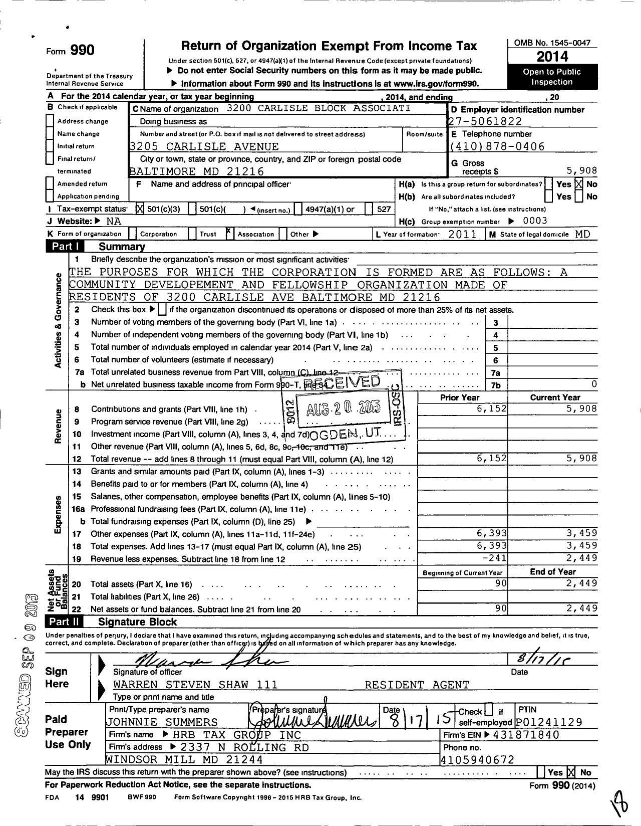 Image of first page of 2014 Form 990 for 3200 Carlisle Block Association