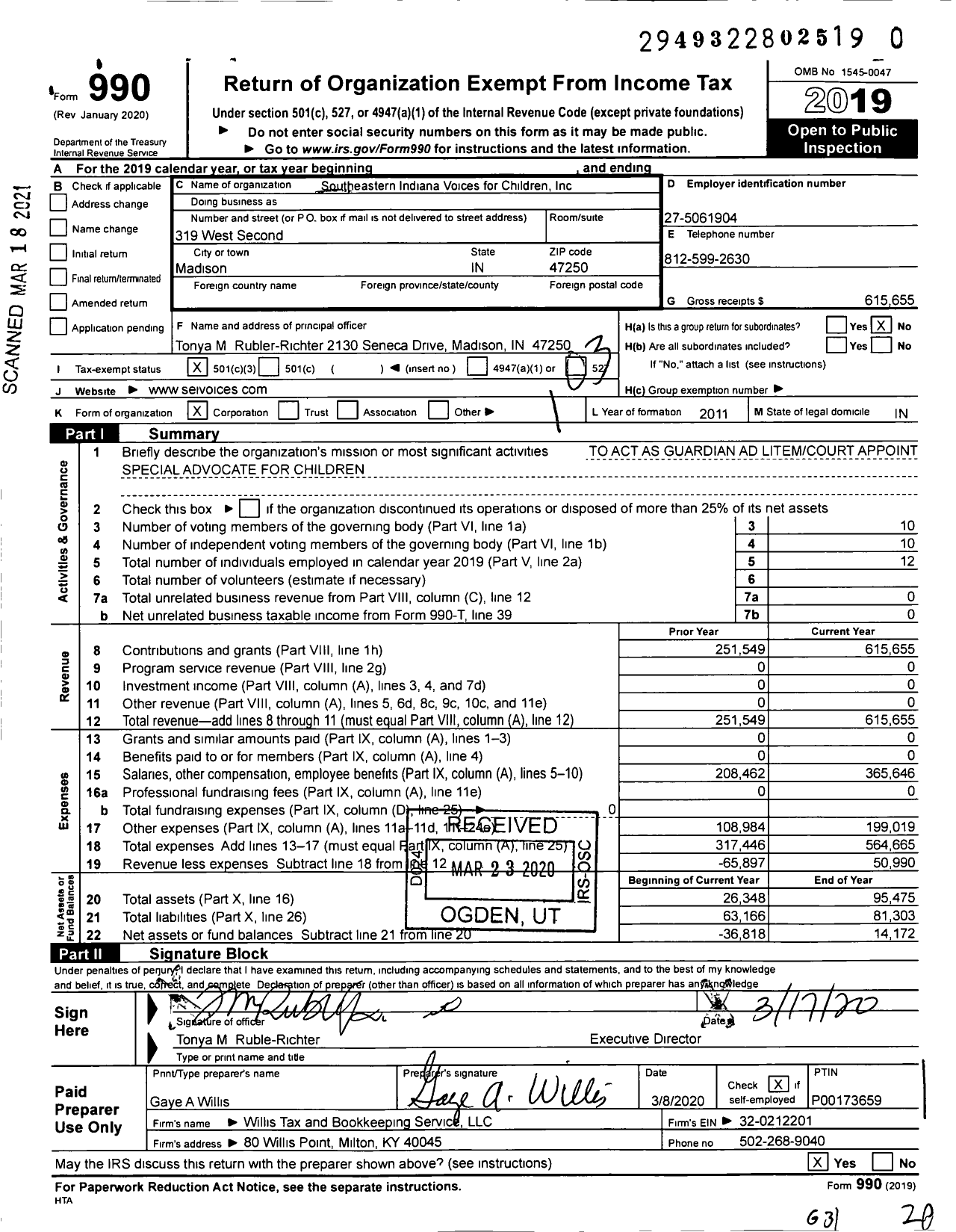 Image of first page of 2019 Form 990 for SEI Voices for Children