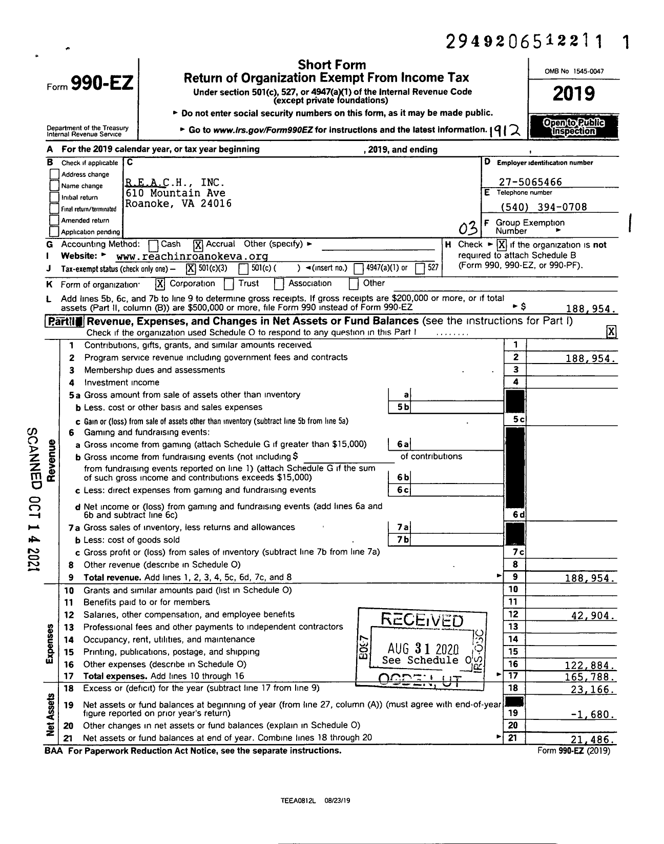 Image of first page of 2019 Form 990EZ for Reach