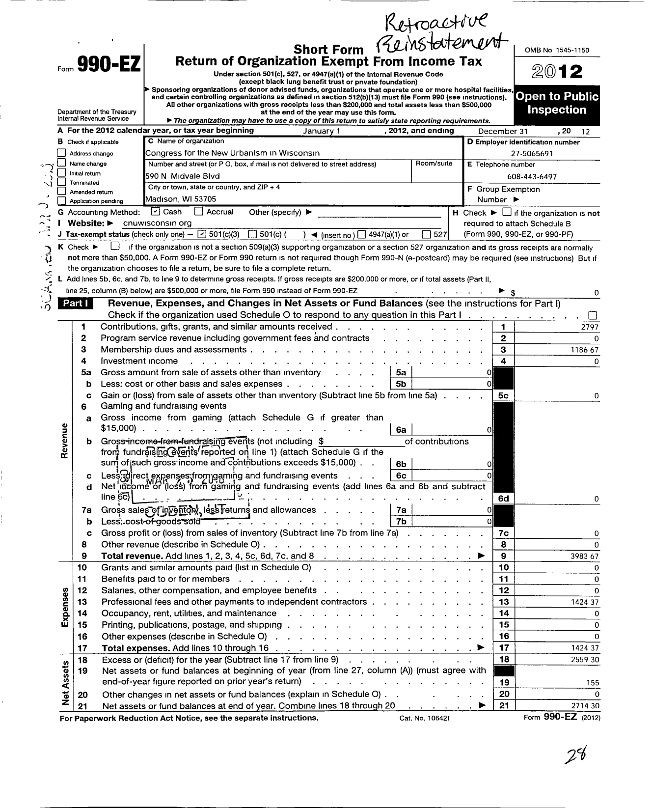 Image of first page of 2012 Form 990EZ for Congress for the New Urbanism in Wisconsin