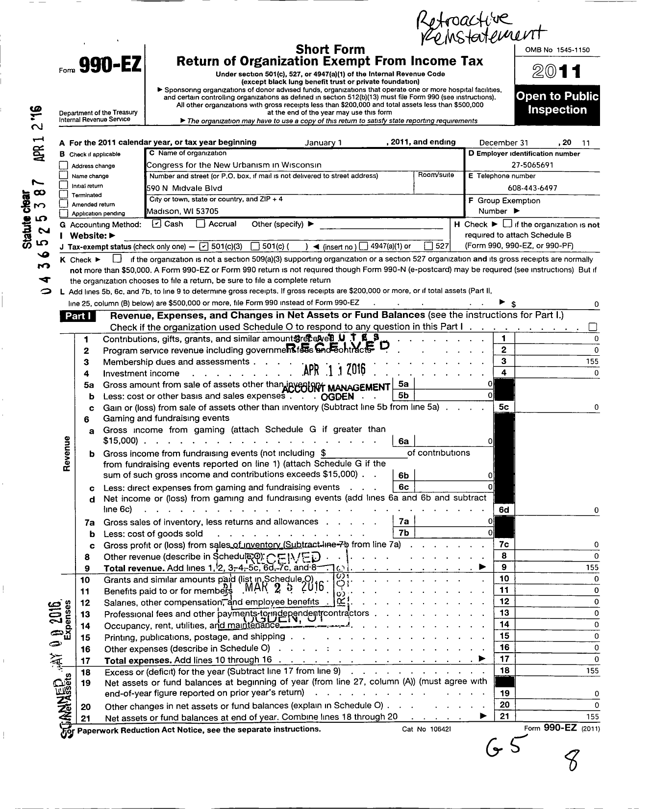 Image of first page of 2011 Form 990EZ for Congress for the New Urbanism in Wisconsin