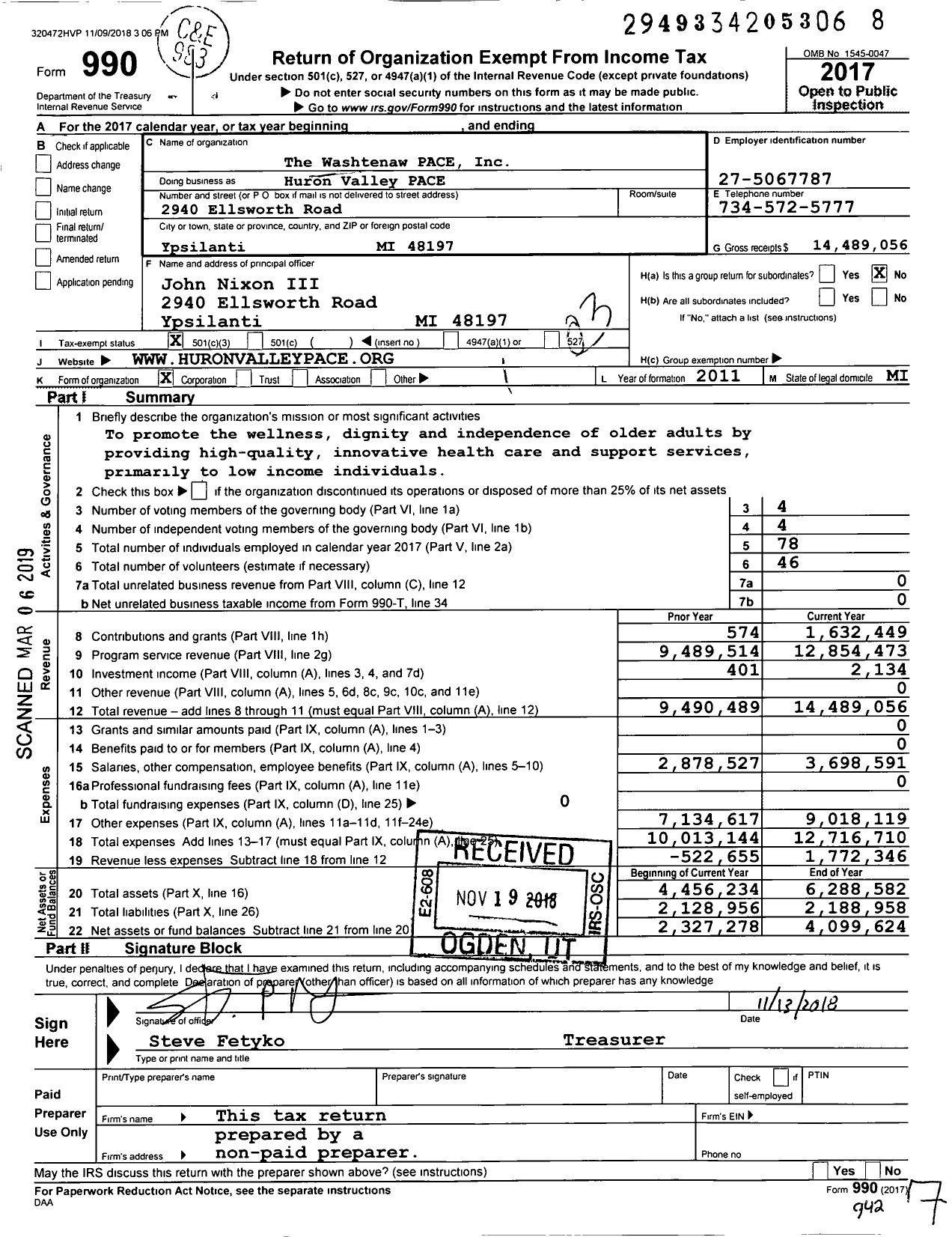 Image of first page of 2017 Form 990 for Huron Valley Pace
