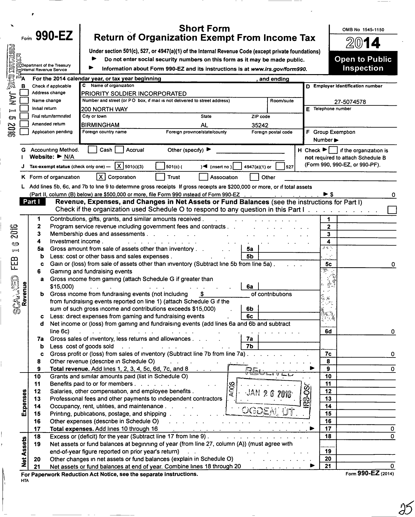 Image of first page of 2014 Form 990EZ for Priority Soldiers Incorporated