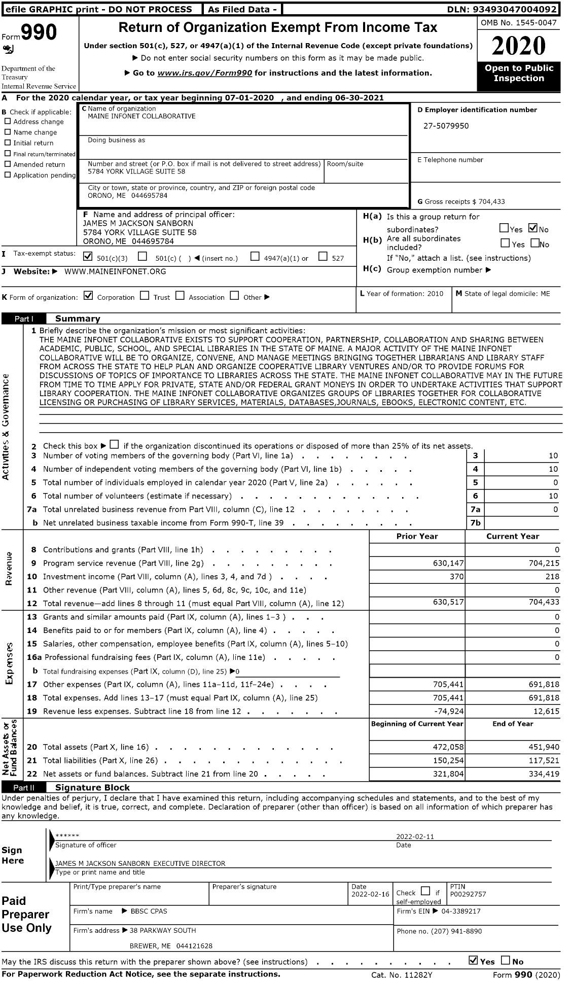 Image of first page of 2020 Form 990 for Maine Infonet Collaborative