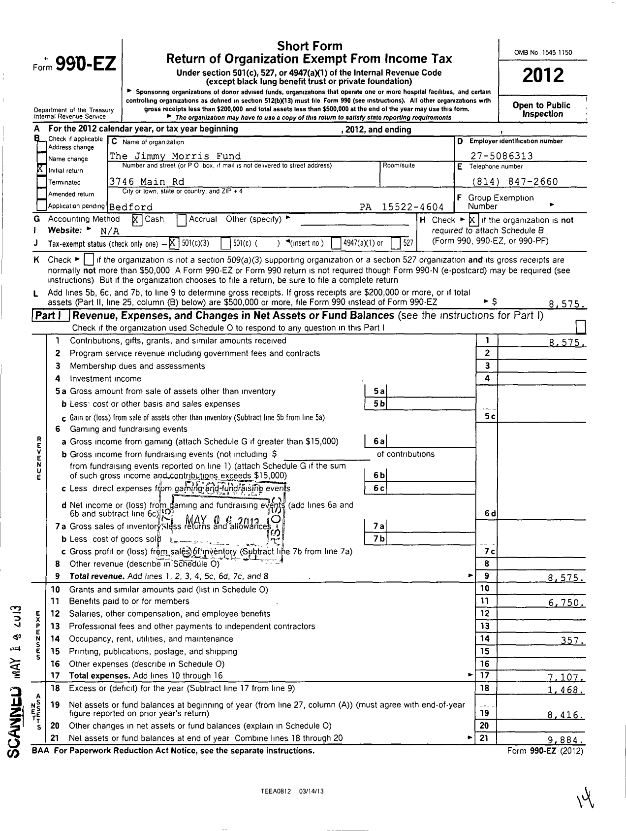 Image of first page of 2012 Form 990EZ for The Jimmy Morris Fund