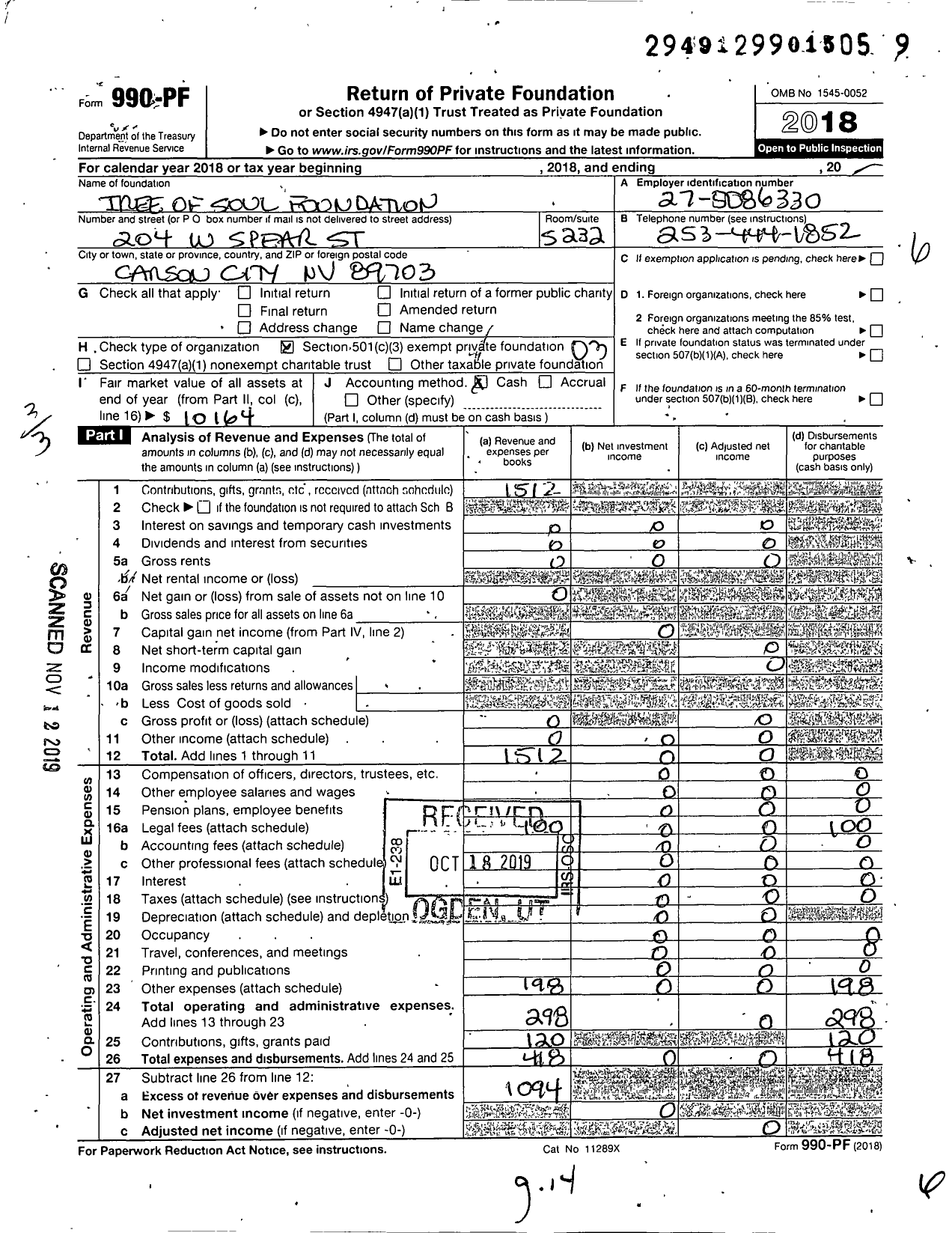 Image of first page of 2018 Form 990PF for Tree of Soul Foundation