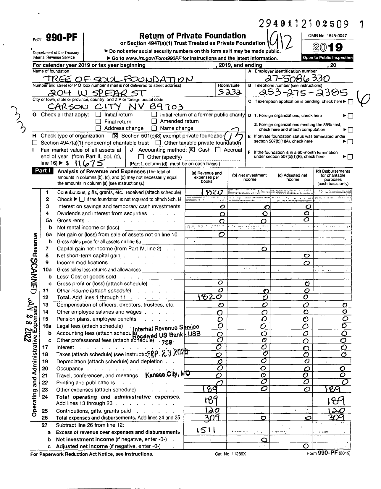 Image of first page of 2019 Form 990PF for Tree of Soul Foundation