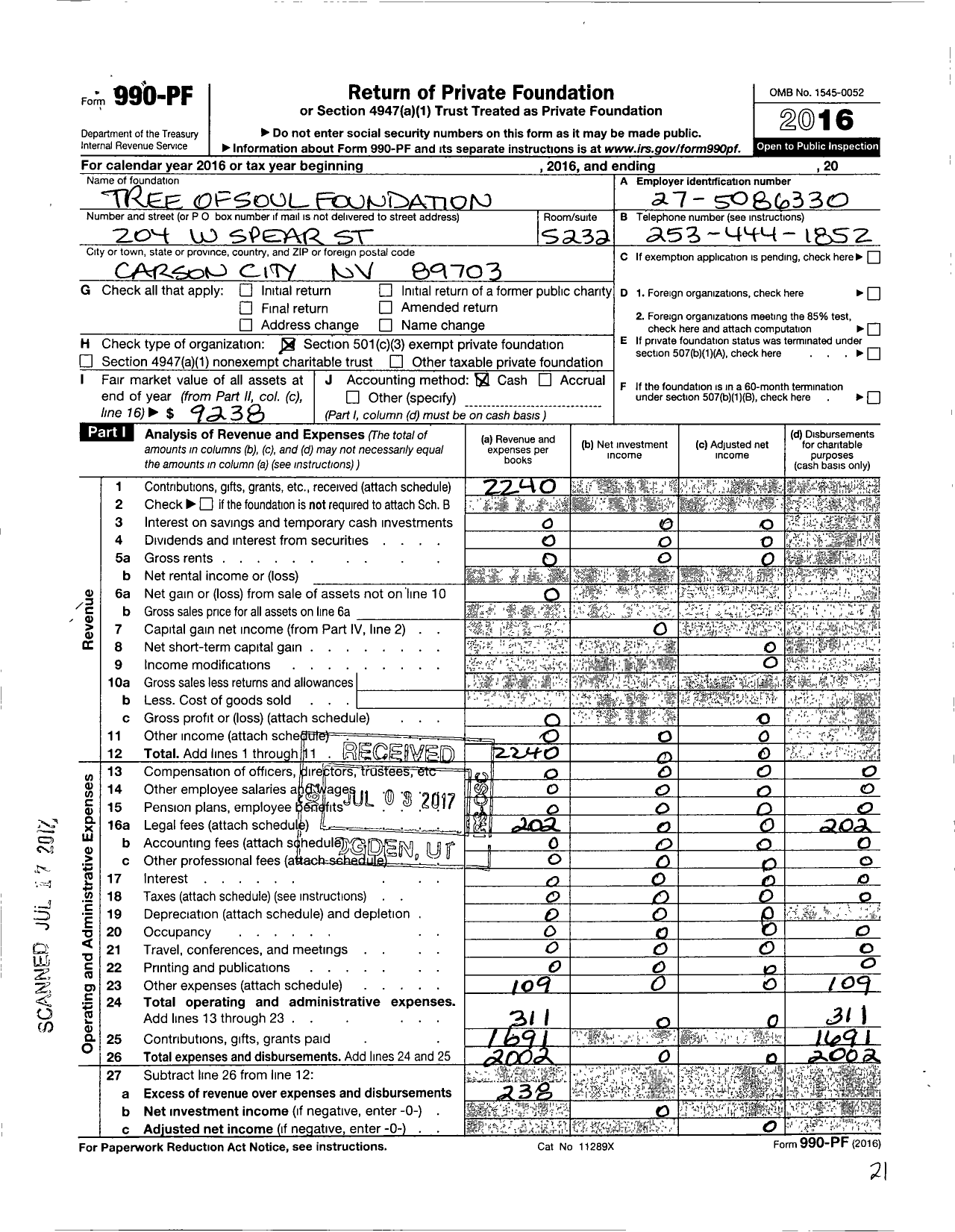 Image of first page of 2016 Form 990PF for Tree of Soul Foundation