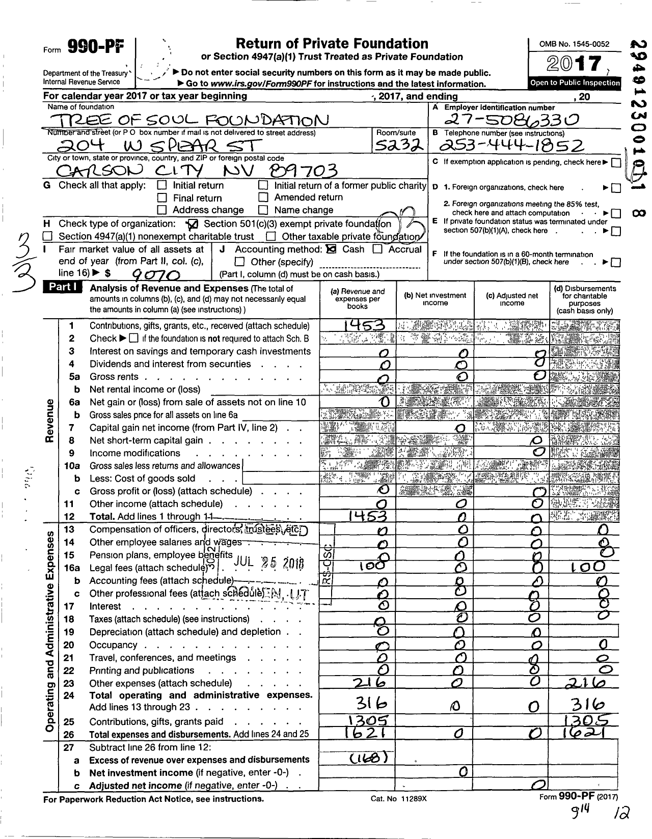 Image of first page of 2017 Form 990PF for Tree of Soul Foundation