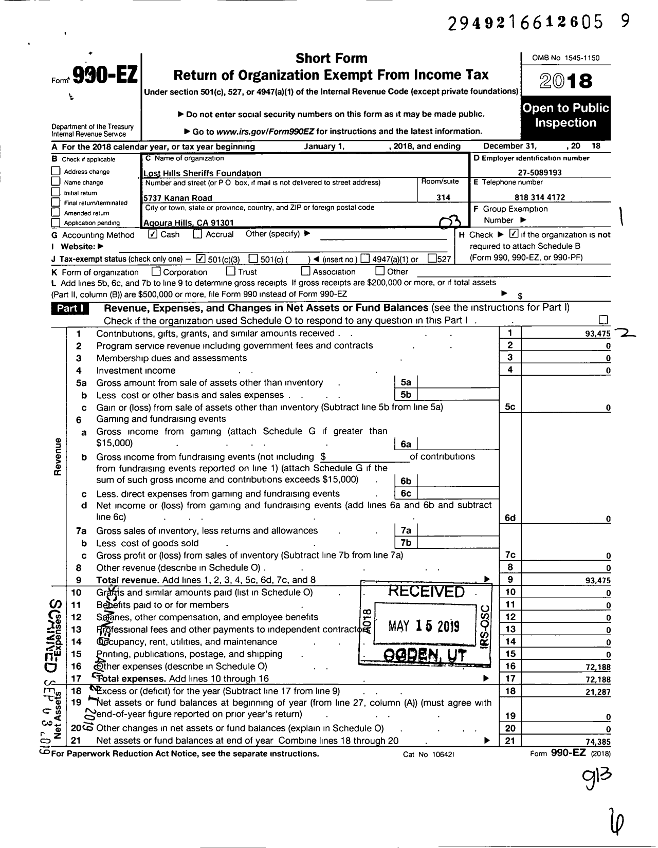 Image of first page of 2018 Form 990EZ for Lost Hills Sheriffs Foundation