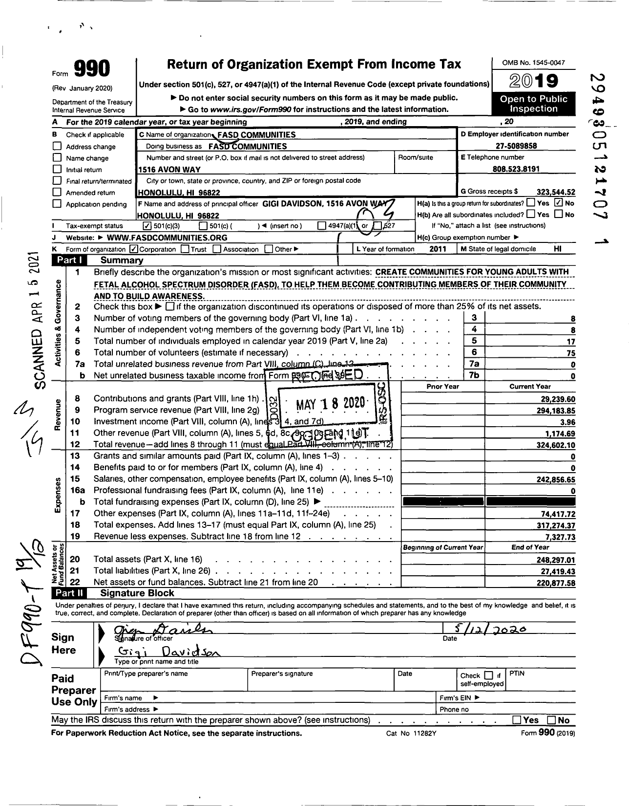 Image of first page of 2019 Form 990 for FASD Communities