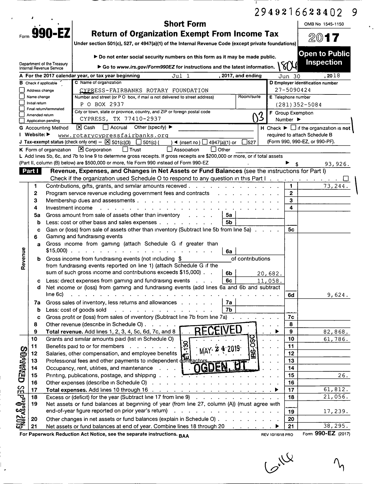 Image of first page of 2017 Form 990EZ for Cypress-Fairbanks Rotary Foundation